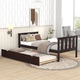 Twin Bed Frame Wood Twin Platform Bed with Pull Out Trundle; Espresso (Expect Arrival Date 3.14)