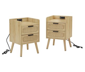 Rattan nightstand with socket side table natural handmade rattan(2PC; Natural ; 15.55''W*13.78''D*23.82''H)