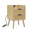 Rattan nightstand with socket side table natural handmade rattan(2PC; Natural ; 15.55''W*13.78''D*23.82''H)