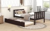 Twin Bed Frame Wood Twin Platform Bed with Pull Out Trundle; Espresso (Expect Arrival Date 3.14)