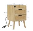 Rattan nightstand with socket side table natural handmade rattan(2PC; Natural ; 15.55''W*13.78''D*23.82''H)