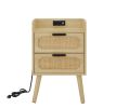 Rattan nightstand with socket side table natural handmade rattan(2PC; Natural ; 15.55''W*13.78''D*23.82''H)