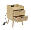 Rattan nightstand with socket side table natural handmade rattan(2PC; Natural ; 15.55''W*13.78''D*23.82''H)