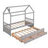 Twin size Wooden House Bed with Trundle and 3 Storage Drawers