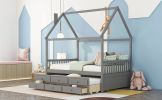Full size Wooden House Bed with Trundle and 3 Storage Drawers