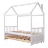 Twin size Wooden House Bed with Trundle and 3 Storage Drawers