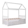 Twin size Wooden House Bed with Trundle and 3 Storage Drawers