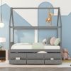 Full size Wooden House Bed with Trundle and 3 Storage Drawers