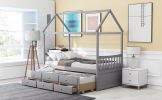 Twin size Wooden House Bed with Trundle and 3 Storage Drawers