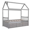 Twin size Wooden House Bed with Trundle and 3 Storage Drawers