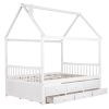 Full size Wooden House Bed with Trundle and 3 Storage Drawers