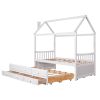 Twin size Wooden House Bed with Trundle and 3 Storage Drawers