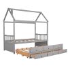 Twin size Wooden House Bed with Trundle and 3 Storage Drawers