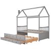 Twin size Wooden House Bed with Trundle and 3 Storage Drawers