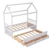 Twin size Wooden House Bed with Trundle and 3 Storage Drawers